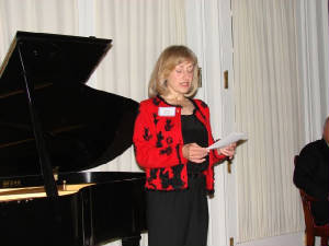 Ms. Tegnazian introduces The Blue Rose Trio at the first concert on February 9, 2008.